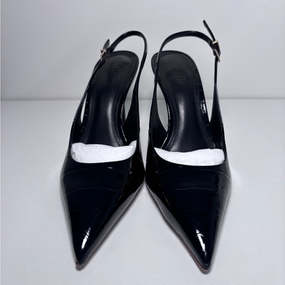 Schutz Paola Black Patent Croc Leather Pointed Toe Slingback Stiletto Heels 8 - Picture 3 of 9